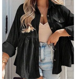 Plus Solid Corduroy Button Down Long Sleeve Shirt XS S M L XL